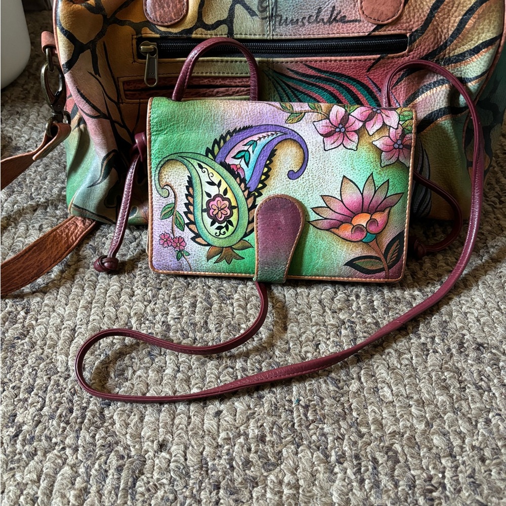 Anuschka Green and Pink Crossbody Bag with Hand-Painted Design